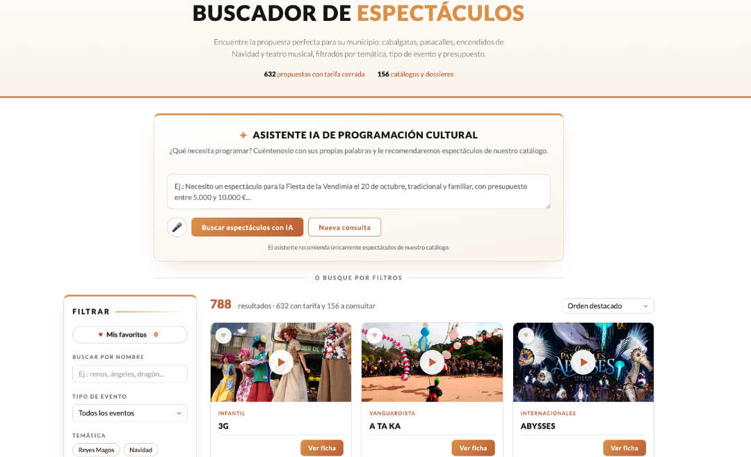 Buscador de espectáculos con asistente de IA desarrollado por Paulo Breogán para Eventus Culture